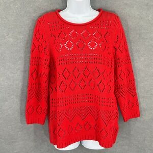 Talbots Sweater Red Lightweight Diamond‎ Stitch Sz L Open Knit Office Teacher